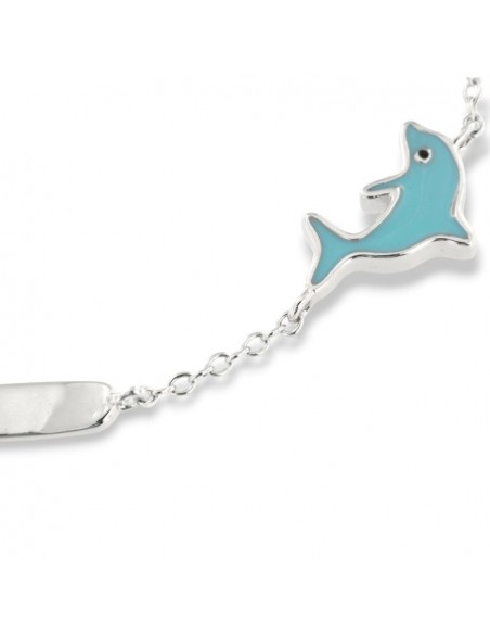 Bracciale Argento Rodiato Neonato Delfino Celeste Piastra Centrale [e98cf599]
