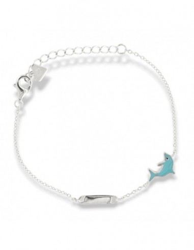 Bracciale Argento Rodiato Neonato Delfino Celeste Piastra Centrale [5bc17383]