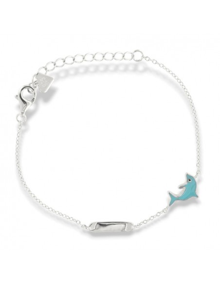Bracciale Argento Rodiato Neonato Delfino Celeste Piastra Centrale [5bc17383]