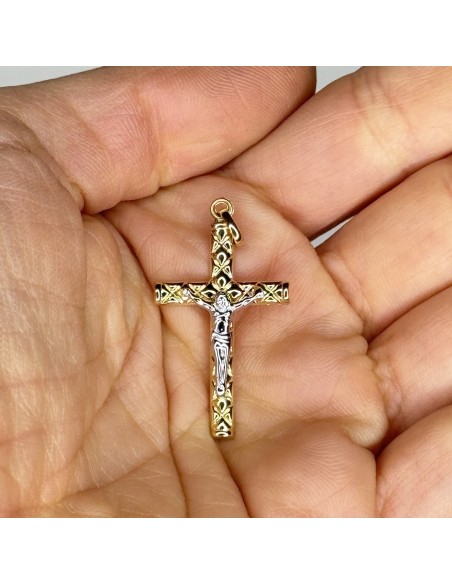 Ciondolo Oro Giallo Croce Gesù Rilievo Oro Bianco [f67c2297]