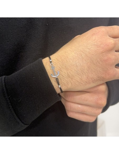 Bracciale Argento Rodiato Timone Laccio Nero [48c8f2d4]