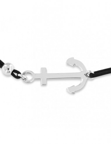 Bracciale Argento Rodiato Timone Laccio Nero [ffd533d0]