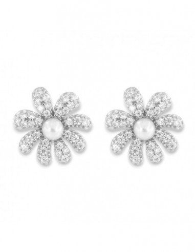 Orecchini Argento Rodiato Fiore Perla Zirconi Bianchi [82c888eb]