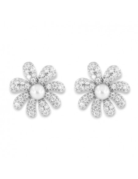 Orecchini Argento Rodiato Fiore Perla Zirconi Bianchi [82c888eb]
