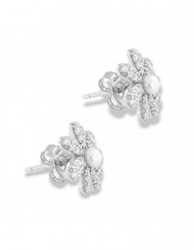 Orecchini Argento Rodiato Fiore Perla Zirconi Bianchi [2e942452]