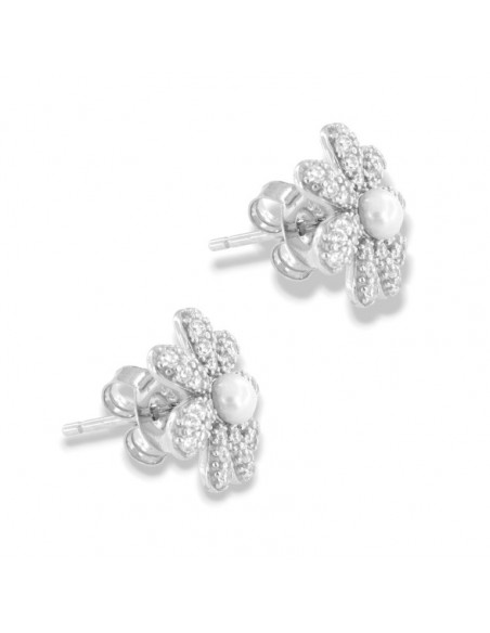 Orecchini Argento Rodiato Fiore Perla Zirconi Bianchi [2e942452]