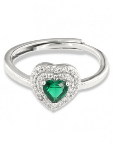 Anello Argento Rodiato Cuore Verde Zirconi Doppia Fila [34e7c70b]