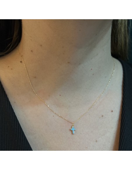 Collana Oro Giallo Croce Smaltata Celeste [a3645a05]