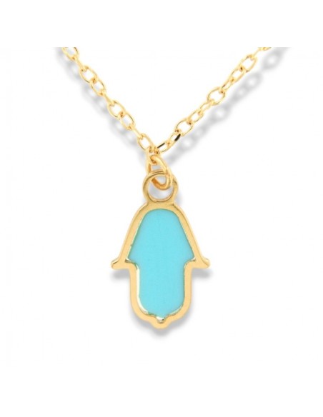 Collana Oro GIallo Mano Di Fatima Smaltata Celeste [b703e409]