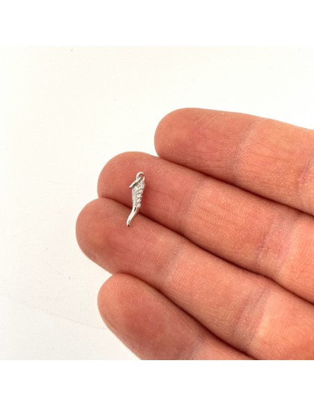 Ciondolo Argento Rodiato Corno Portafortuna Zirconi Bianchi [45ded2ce]