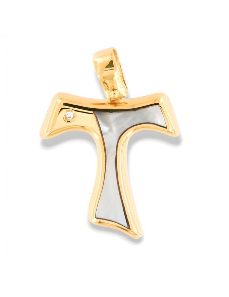Ciondolo Oro Giallo Croce Madre Perla Diamante 0,01Ct [0b552197]