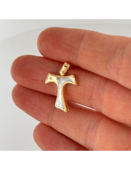Ciondolo Oro Giallo Croce Madre Perla Diamante 0,01Ct [ad9193a2]