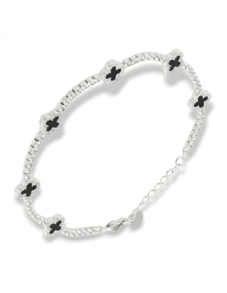 Bracciale Argento Rodiato Tennis Fiori Neri Zirconi Bianchi [59639a5f]