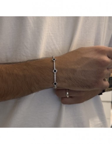 Bracciale Argento Rodiato Tennis Fiori Neri Zirconi Bianchi [3420364b]