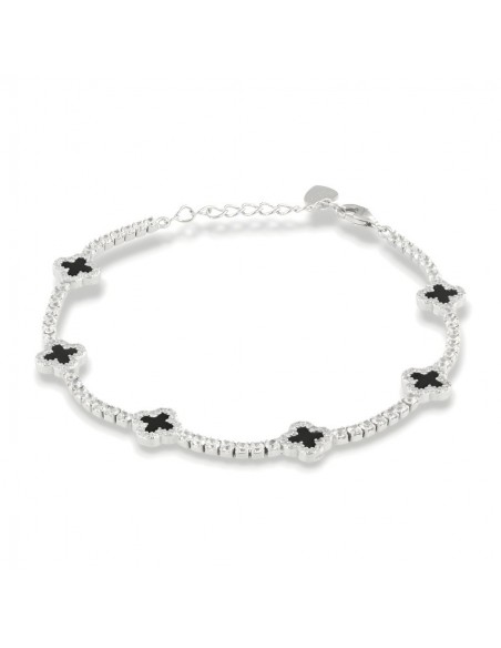 Bracciale Argento Rodiato Tennis Fiori Neri Zirconi Bianchi [866db051]