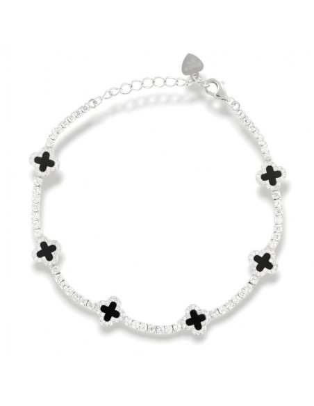 Bracciale Argento Rodiato Tennis Fiori Neri Zirconi Bianchi [31707155]