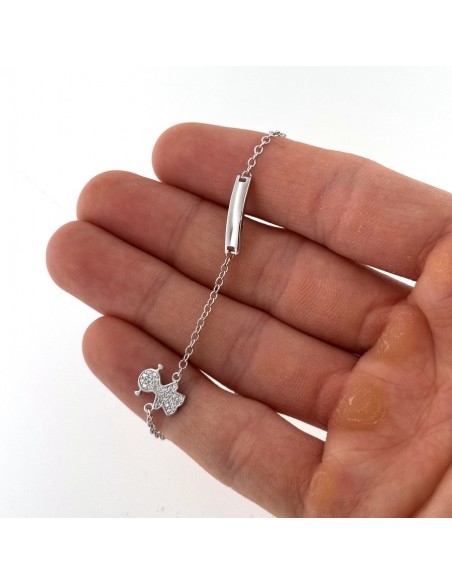 Bracciale Argento Rodiato Neonato Bambina Zirconi Bianchi Piastra Centrale [7645a940]