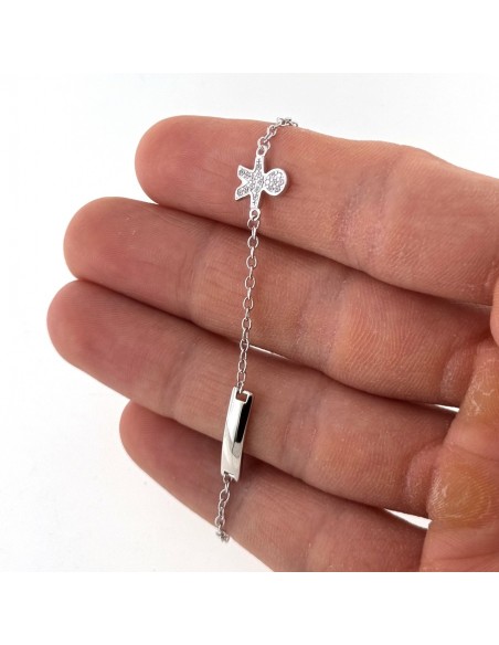 Bracciale Argento Rodiato Neonato Bambino Zirconi Bianchi Piastra Centrale [e302a245]
