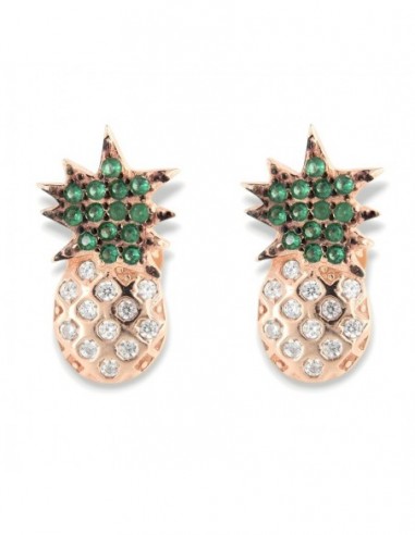 Orecchini Argento Rosato Ananas Zirconi Bianchi Verdi [99ca1136]