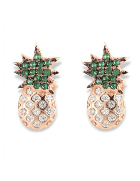 Orecchini Argento Rosato Ananas Zirconi Bianchi Verdi [99ca1136]