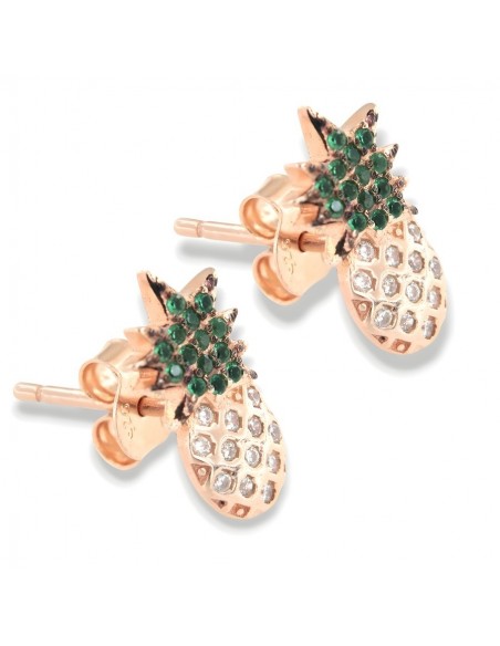 Orecchini Argento Rosato Ananas Zirconi Bianchi Verdi [e8cec49d]