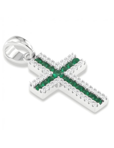 Ciondolo Argento Rodiato Croce Zirconi Verdi Bianchi [6a9a9d60]