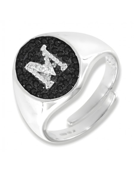 Anello Argento Rodiato Chevalier iniziale M Zirconi Neri [90af5155]