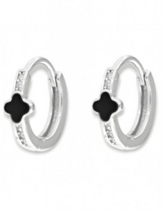 Orecchini Argento Rodiato Cerchi Fiore Nero Zirconi Bianchi [d60041cf]