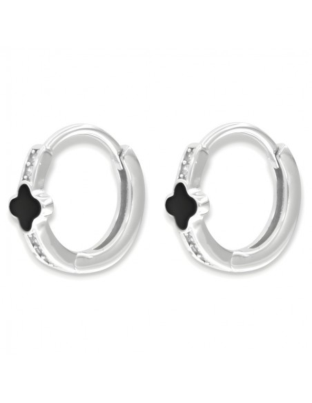 Orecchini Argento Rodiato Cerchi Fiore Nero Zirconi Bianchi [80fe7584]